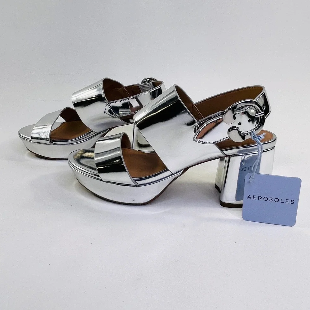 Aerosoles Camera Silver Metallic Platform Sandals Block Heel Womens 7M New - Picture 3 of 7